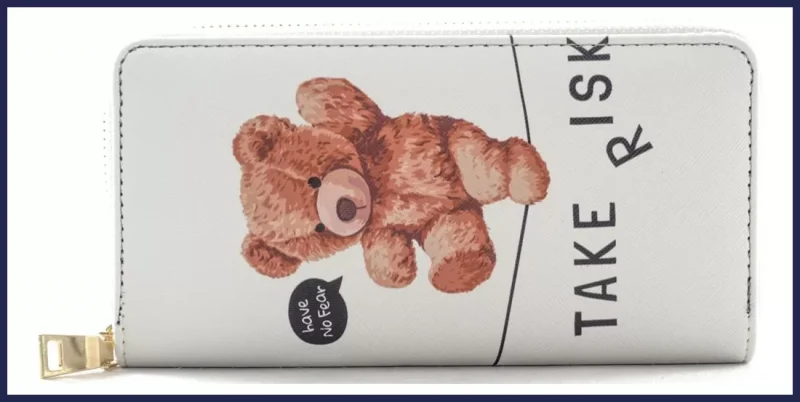 Női macis pénztárca felirattal, poliészter, fehér, "take the risk" nagymeretunoitaska-hu 1