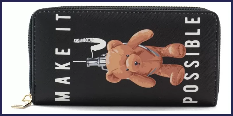 Női macis pénztárca felirattal, poliészter, fekete, "make it possible" nagymeretunoitaska-hu 1